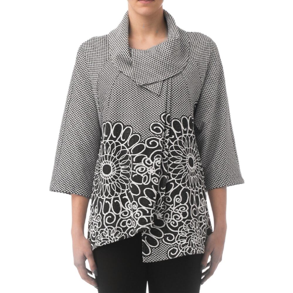 JOSEPH RIBKOFF Soft Knit Crosshatch Floral Jacket Size 8 Cowl Neck Black White